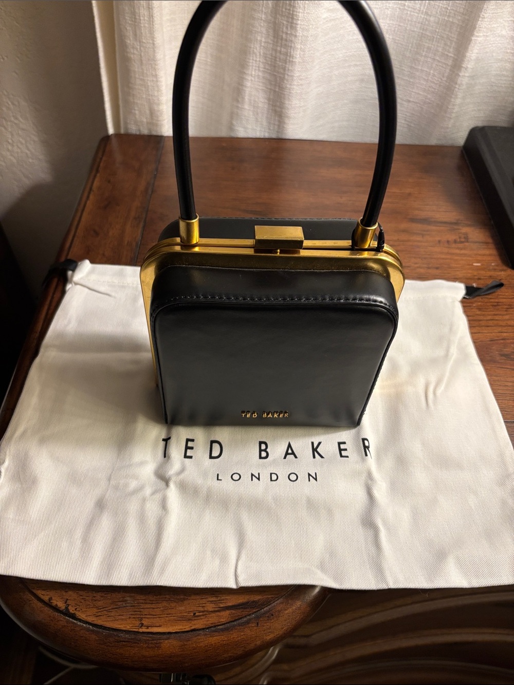 Ted Baker Black Leather Mini Box Bag with Gold Chain